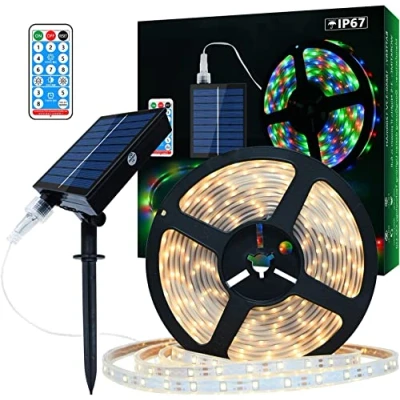 Imagen de Tira de Luces LED Solares Exteriores, 10m 560 IP67 a Prueba Agua, Blancas Cálidas con Control Remoto, 8 Modos Iluminación 2835 SMD Cuerda para Jardín