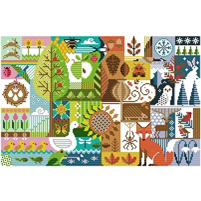 Imagen de Awesocrafts Kit de punto cruz estampado para las cuatro estaciones, patrones fáciles, cruz, bordado, costura, suministros