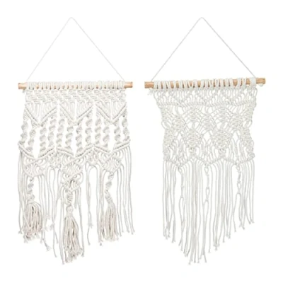 Imagen de Relaxdays Pack 2 Tapices Macramé Artesanales Pared, Adorno Estilo Bohemio, Diferentes Patrones, Algodón y Madera, Crema, 60 x 30 1,5 cm