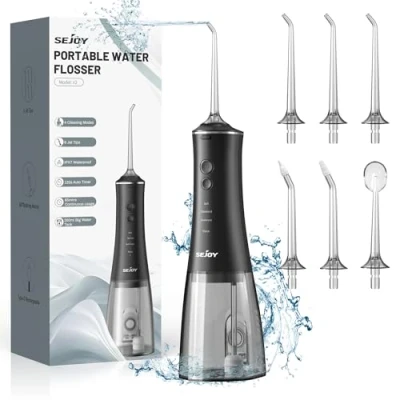 Imagen de Sejoy Hilo dental de agua para limpieza dientes, 280 ml, inalámbrico, irrigador bucal portátil, recargable, con 4 modos, 6 puntas chorro, IPX7, impermeable, viajes en casa (negro)