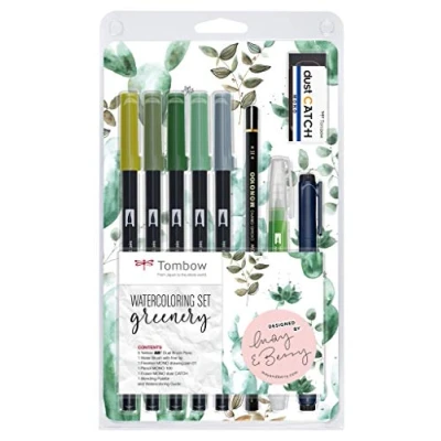 Imagen de Tombow Set Lettering&quot;Greenery&quot; de Dibujo Acuarela con Pincel Agua, Lápiz, Goma Borrar, Paleta Lavable y Rotuladores en Tonos Verdes