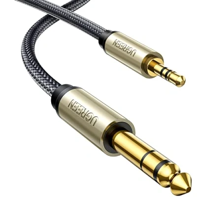Imagen de UGREEN Cable Jack 6.35mm a 3.5mm Macho, HiFi Sonido Aux, Nylon Trenzado Audio Estéreo Compatible con Guitarra/Teclado Eléctrica, Mesa de Mezclas, Amplificador, Altavoz, Móvil, PC, 2Metros