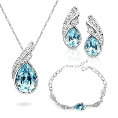 Imagen de Crystalline Azuria Mujer 18ct Chapado en Oro Blanco Lágrimas Cristales Azul Aguamarina simulada Juego de joyas Collar Pendientes Pulsera para Niña Boda Novia y Dama honor