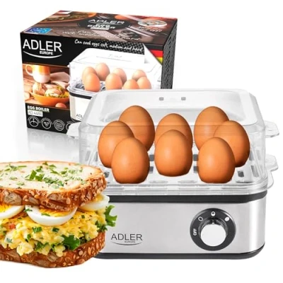Imagen de ADLER AD 4486 Cuece Huevos Eléctrico para 8 Huevos,Acero Inoxidable, Ajuste de Cocción, Protección por Sobre Calentamiento, 800W, Libre BPA