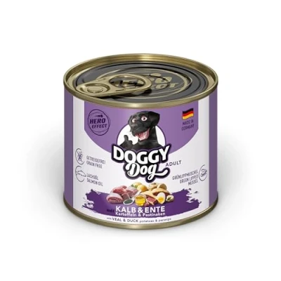 Imagen de DOGGY Dog Paté Becerro &amp; Pato, 6 x 200 g, Comida húmeda para Perros, sin Cereales, con Aceite de salmón y mejillón Labios Verdes, pienso Completo Patatas chirivía, Fabricado en Alemania