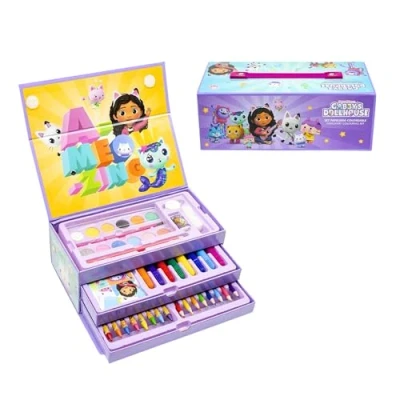 Imagen de Gabby&#039;s Doll House Juego de Papelería, Incluye Lápices Color, Rotuladores, Acuarelas, Pincel, Esponja, Lapiz, Borrador, Ceras Cuaderno y Estuche Maletin