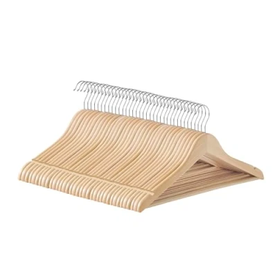 Imagen de SONGMICS Perchas de Madera, 36 Unidades, para Abrigos, con Ranuras los Hombros, Barra Pantalones, Gancho Giratorio 360, Chaquetas Camisas Beige Natural CRW010N36
