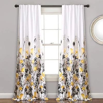 Imagen de Lush Decor, Cortinas Zuri Flora Amarillas y Grises para oscurecer la habitación, Juego de Paneles Ventana Sala, Comedor, Dormitorio (par), 84 x 52, 52 Pulgadas