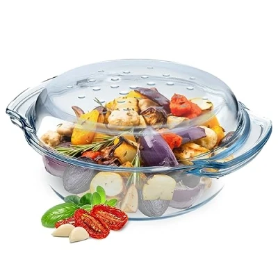 Imagen de KADAX Cacerola de cristal resistente al calor, recipiente ignífugo, olla con tapa y asas, vajilla para asar, horno, horno eléctrico, lasaña, carne, transparente (redonda, 2,4 L)