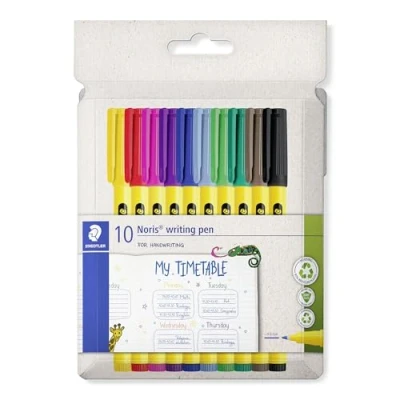 Imagen de Staedtler Noris writing pen 307 Fineliner, carcasa de 97% plástico reciclado según ISO 14021, estuche cartón con 10 rotuladores punta fina en colores surtidos, C10
