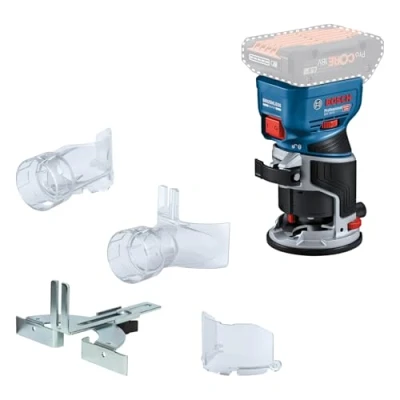 Imagen de Bosch Professional 18V System fresadora corte batería GFK 8, incl guía paralela, 2 adaptadores aspirador fresado, protección contra virutas, pinza sujeción de 8 mm, sin batería/cargador