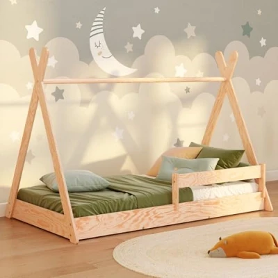 Imagen de smartwood Tipi F Cama Infantil 80x160 con somier y barandilla Montessori en Forma de casa para niños niñas Madera a Res Suelo 160x80 Natural