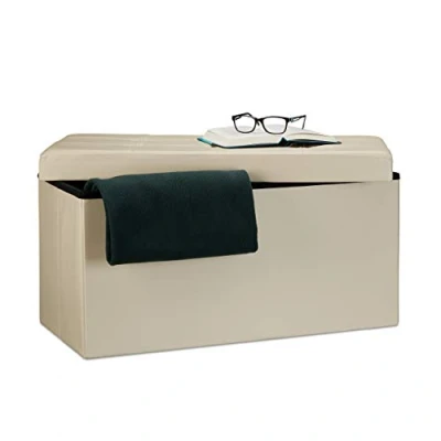 Imagen de Relaxdays Banco Asiento Plegable Cuero Sintético, Crema 38x76x38 cm