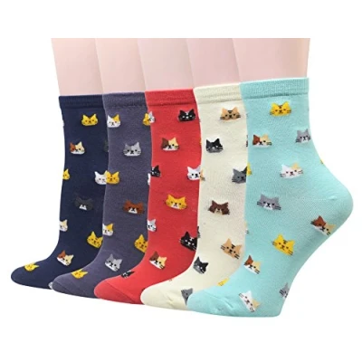 Imagen de Cansok calcetines de gato animales becerro la tripulación novedad mujer 5 pares