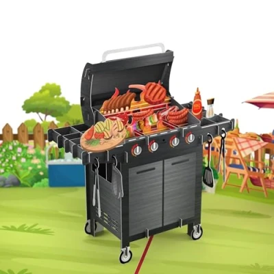 Imagen de MOKIO® Tarjeta Pop Up barbacoa Grill Cheque regalo 3D para un cumpleaños o regalos de dinero, Vale emergente una en el jardín