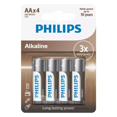 Imagen de Batería Philips LR6A4B/10 AAA, Dispositivos Alto Consumo, Power Alkaline, Potencia 10 años,Tecnología Alcalina, 1&#039;5V, Composición Quimica 0% Metales Pesados, Respetuoso con el Medio Ambiente