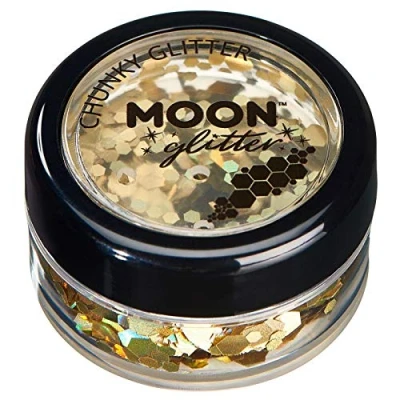 Imagen de Brillo Holográfico Grueso por Moon Glitter 100% Cosmético para la Cara, Cuerpo, Uñas, Cabello y Labios 3g Dorado