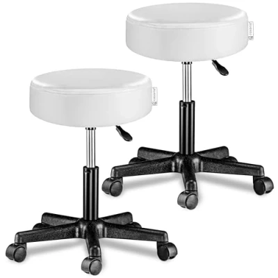 Imagen de CASARIA® Juego de 2 Taburetes Ruedas Altura Regulable 46 60cm Giratorio 360 Acolchado 10cm Taburete Redondo Ø35cm Blanco