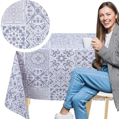 Imagen de KP HOME Mantel Hule Mesa Rectangular 200 x 140 cm Manteles PVC para Exterior e Interni Paño de Aceite Vinilo Impermeable Antimanchas con Patrón Encanto Azulejos Atemporales