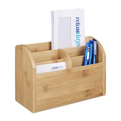Imagen de Relaxdays Bamboo Desk Organiser 5 Compartments Organizador de Escritorio Hecho bambú, 15 x 23 10 cm, deposito para lapiceros Cartas, casilleros. Color Natural, 22 cm