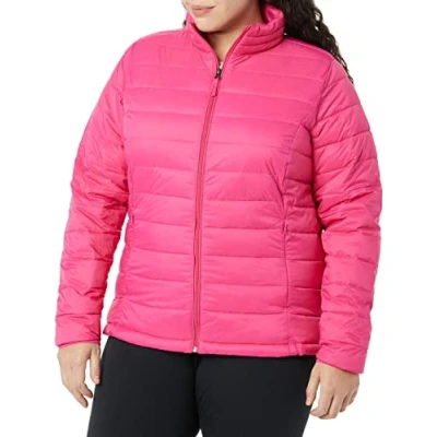 Imagen de Amazon Essentials Chaqueta Acolchada Ligera de Manga Larga, Plegable, Resistente al Agua (Disponible en Tallas Grandes) Mujer, Rosa Intenso, L
