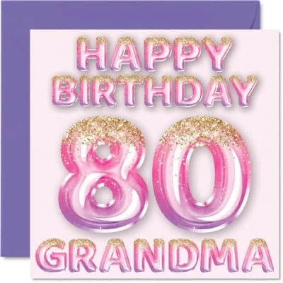 Imagen de Tarjeta de cumpleaños número 80 para abuela, globos purpurina rosa y morada, tarjetas feliz abuela años parte nieto nieta, felicitación