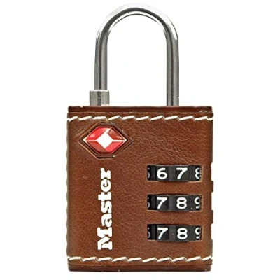 Imagen de Master Lock 4692EURDBRN Candado para Equipaje Aprobado por la TSA con Combinación, cuero marrón, 5.5 x 3 2.6 cm