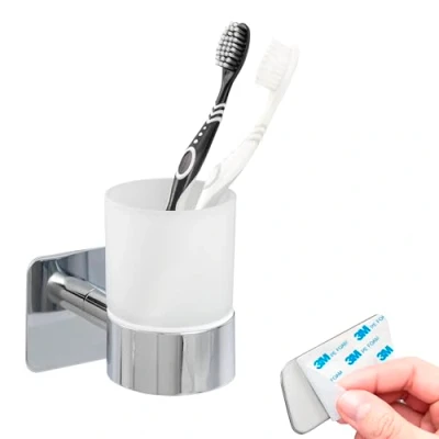 Imagen de bremermann Set de baño Lucente Tape Portavasos, vaso para cepillos dientes autoadhesivo cristal y acero inoxidable, cromado, sin agujeros, fijación adhesiva 3M