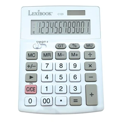 Imagen de Lexibook, Calculadora de sobremesa 12 dígitos con Pantalla LCD, 8 Funciones, Teclas Grandes, energía Solar y Pilas, Blanco/Gris, C129
