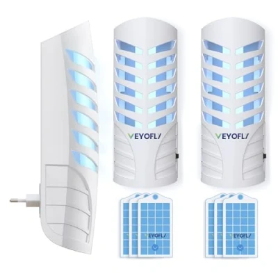 Imagen de VEYOFLY Trampa Moscas, Enchufe Insectos, Trampas Moscas Fruta Interiores Hogar Seguro Luz Anti Insectos Mosquitos, Gnats, Pulgas, Sin Olor (2 Dispositivos+6 Recambios)