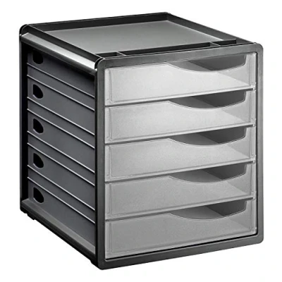 Imagen de Rotho Spacemaker Cajón/Caja de Oficina con 5 Cajones, Plástico (PS) sin BPA, Transparente/Negro, 33.5 x 28.5 32.0 cm