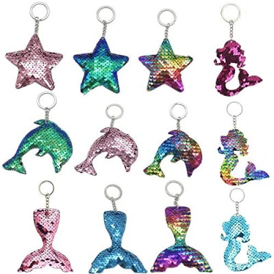Imagen de 12 Piezas Llavero de Sirena,Llavero Lentejuelas Flip , Sirena Caras Reversibles en Forma Estrella Delfín, Accesorios Decoración ,Fiestas Cumpleaños Niños