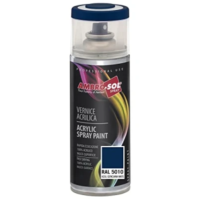 Imagen de AMBRO SOL Pintura acrílica en spray, color Azul Genciana Mate, RAL 5010, resultado profesional múltiples superficies, exteriores e interiores, 400 ml