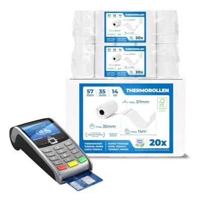 Imagen de Rollos papel térmico 57x35x12 mm para todos los TPV y las impresora térmica Rollo 57mm ideal máquinas de tarjetas Crédito (20 unidades)