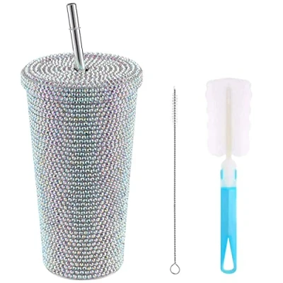 Imagen de ZWMBYN taza con tapa y pajita taza, 480 ml, botella de agua brillante diamantes imitación, acero inoxidable café para