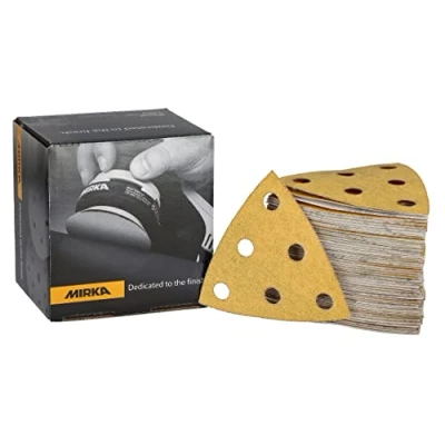 Imagen de Mirka Gold Triángulo de lijado Papel lija universal 93x93x93mm / 6 agujeros/grano P120, 100 piezas/Para lijar yeso, masilla, aglomerado, madera, laca