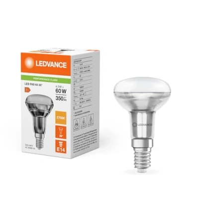 Imagen de LEDVANCE R50 60 Perforance Class. Bombilla led reflectora 220 240V 4,3W 2700K 36º E14. 350 Lumen. Equivalente a 60W. 15.000 Horas. 85 X 50mm. Luz cálida