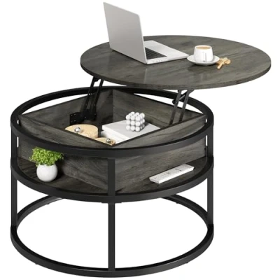 Imagen de YITAHOME Mesa de Centro Redonda elevable, mesas con Sala Estar Compartimento Almacenamiento Oculto, Moderna para Oficina en casa, centrales