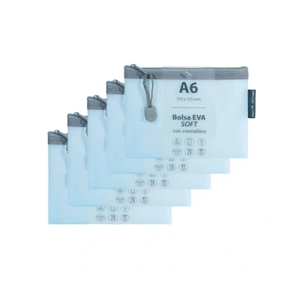 Imagen de Grafoplas Pack de 5 Bolsas con Cremallera EVA Soft a6, Azul Pastel, Tacto Suave, Zipper Bags Hechas Goma Transparente, Ideal para Transportar y Proteger Todo Tipo Artículos Documentos