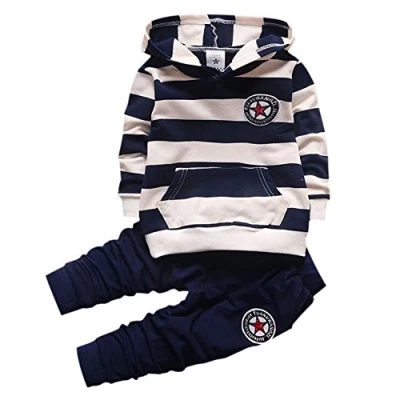 Imagen de Shiningup conjunto de chándal para bebé, ropa manga larga con capucha y pantalones a rayas niños pequeños, azul, 3 4 Years
