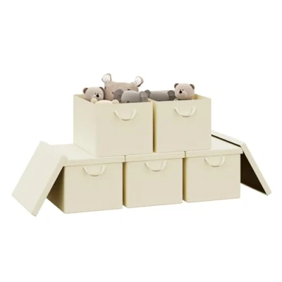 Imagen de WOLTU Cajas de Almacenaje con Tapa, Juego 5 Plegables, Organizadoras Asas, Tela, Cestas Resistentes para Ropa y Juguetes, Crema, 48x30x36 cm, ABB04cm