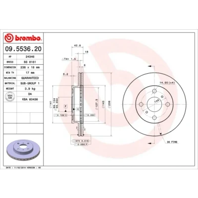 Imagen de BREMBO 09.5536.20 Disco de freno 238 18 4 ventilación interna TOYOTA: Starlet V Hatchback, IV Hatchback