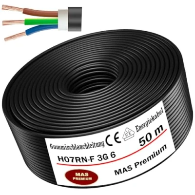 Imagen de MAS Premium H07RN F cable de manguera goma (5 100 m, 3G 1,5, 2,5, 4, 6, 10 o 3 x flexible para dispositivos pesados (H07RN 3G6 mm², 50 m)