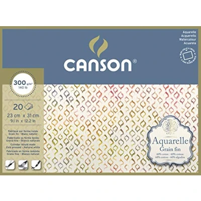 Imagen de Canson Aquarelle Bloc Encolado a 4 Lados, 23 x 31 cm, 20 Hojas, 60% Algodón, Grano Fino, 300 g