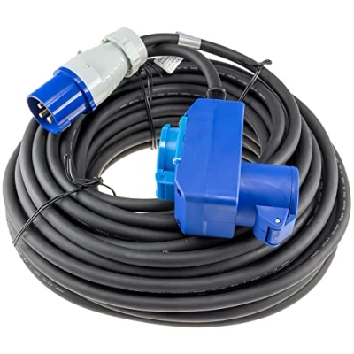 Imagen de CEE Cable alargador 25 metros IP44 Conector acodado con tapa protectora 230 V I H07RNF 3G2,5 enchufe para caravana, camping, barco