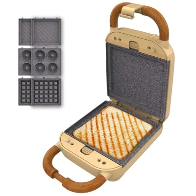Imagen de Cecotec Sandwichera Vintage Rock&#039;Ntoast Retro One yellow. 700W, 3 Placas Intercambiables, Diseño Retro, Revestimiento Rockstone, Indicador Luminoso, Base Antideslizante, Asa Tacto Frío, Pinza Cierre
