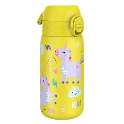 Imagen de ION8 Botella Agua Acero Inoxidable para Niños, 400ml, a Prueba de Fugas, Fácil Abrir, Cerradura Segura, Apta Lavavajillas, Tapa Abatible, Asa Transporte, Limpiar,Unicornio Amarillo