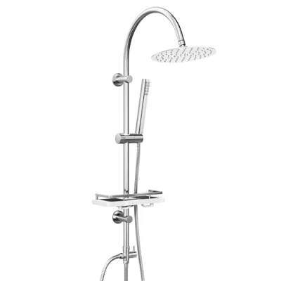 Imagen de Görbach columna de ducha acero inoxidable sin mezclador, hidromasaje, barra con alcachofa lluvia y portaobjetos estante cromado (UD20 cm)