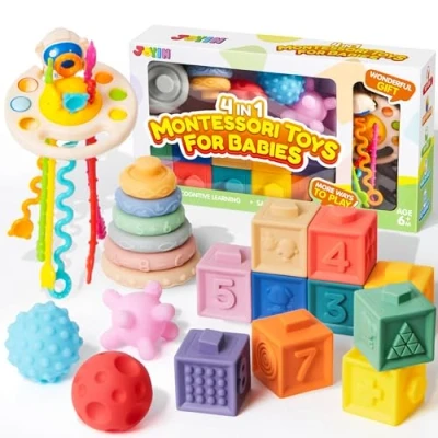 Imagen de JOYIN Montessori juguete para bebé de 6 meses, apilable, bloques silicona, cuerda tracción actividad motriz, sensorial 4 en 1, niños y