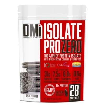 Imagen de DMI proteína ISOLATE PRO ZERO para Recuperación y Desarrollo Muscular 100% Aislado de suero con DigeZyme® LactoSpore Sin Azúcares Añadidos (1 Kg, Dark Cookies)